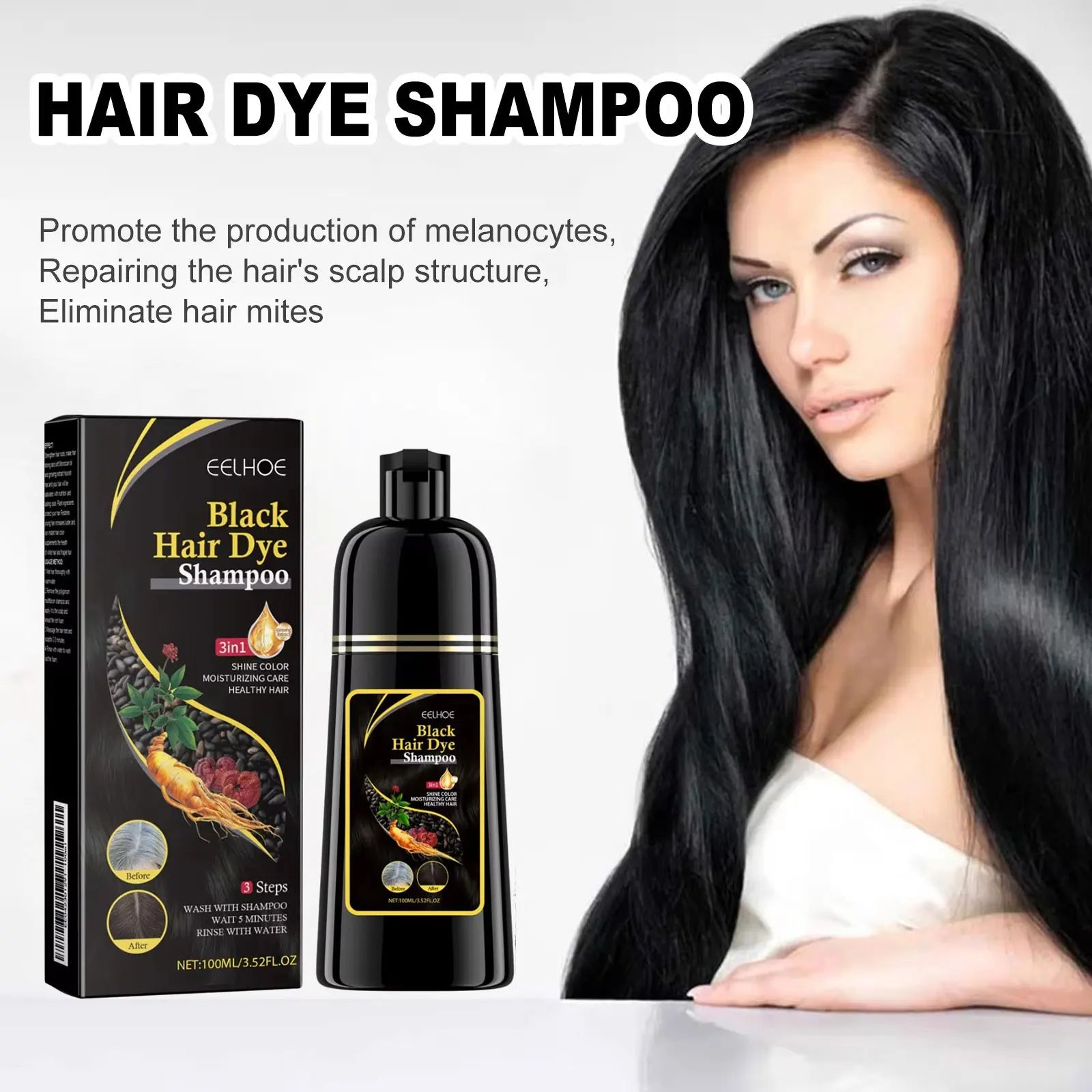 EELHOE 3-in-1 Black Hair Dye Shampoo