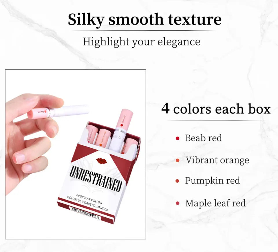 4pcs Cigarette Lipstick Set – Matte Lip Glaze, Waterproof & Long-Lasting Tint