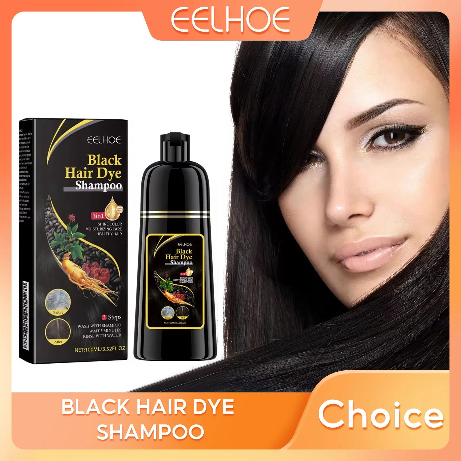 EELHOE 3-in-1 Black Hair Dye Shampoo