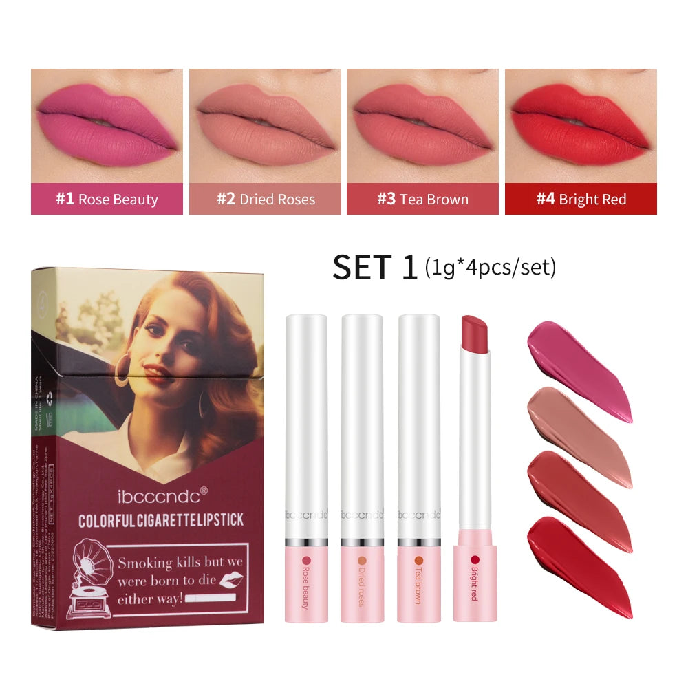 4pcs Cigarette Lipstick Set – Matte Lip Glaze, Waterproof & Long-Lasting Tint
