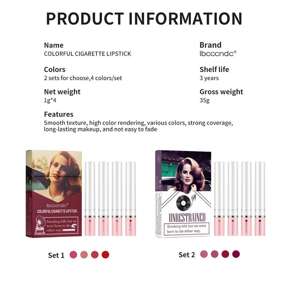 4pcs Cigarette Lipstick Set – Matte Lip Glaze, Waterproof & Long-Lasting Tint