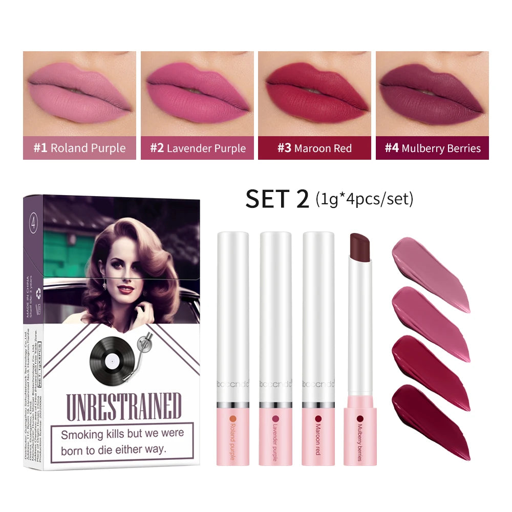 4pcs Cigarette Lipstick Set – Matte Lip Glaze, Waterproof & Long-Lasting Tint
