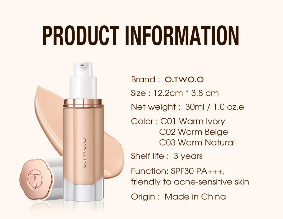 O.TWO.O Liquid Foundation Cream – SPF30, 30ml