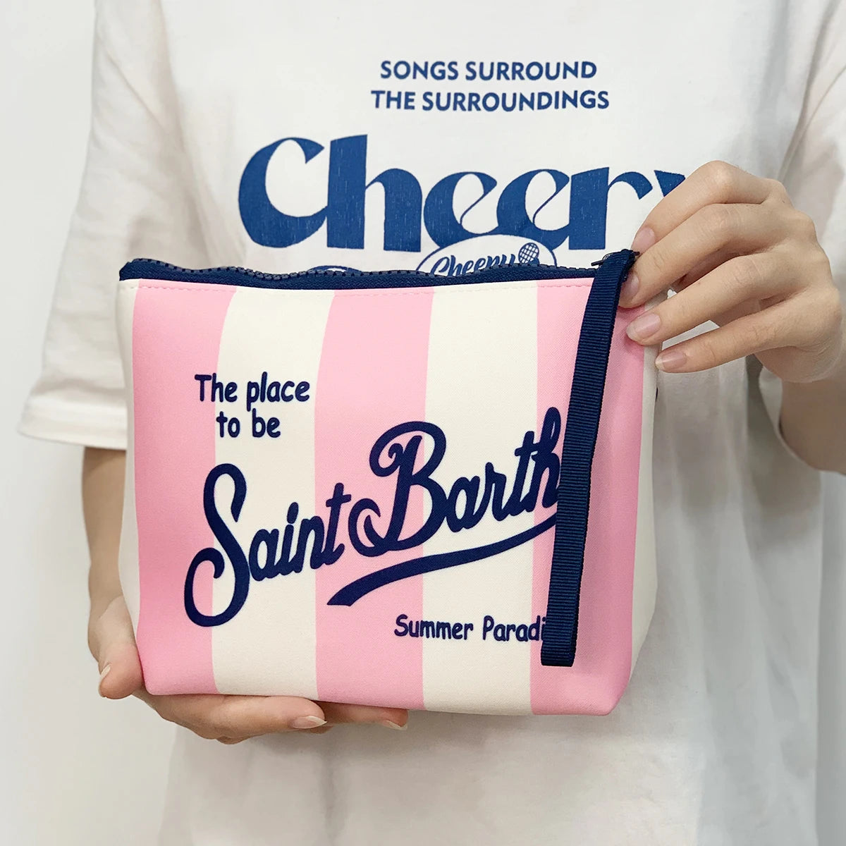 Large Capacity Neoprene Makeup Bag – Striped Travel Toiletry Organizer