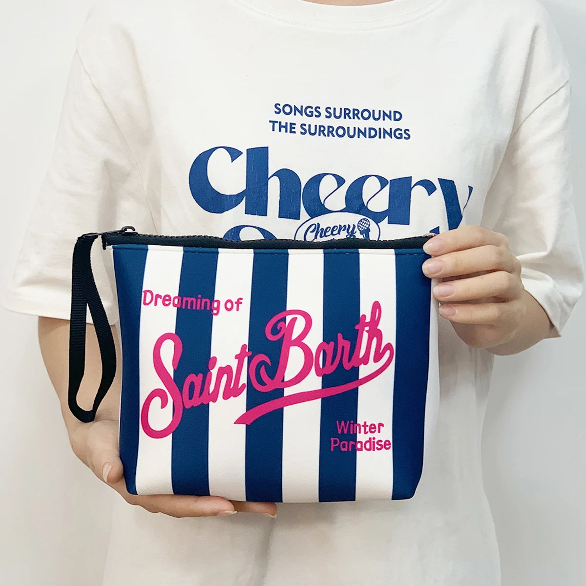 Large Capacity Neoprene Makeup Bag – Striped Travel Toiletry Organizer