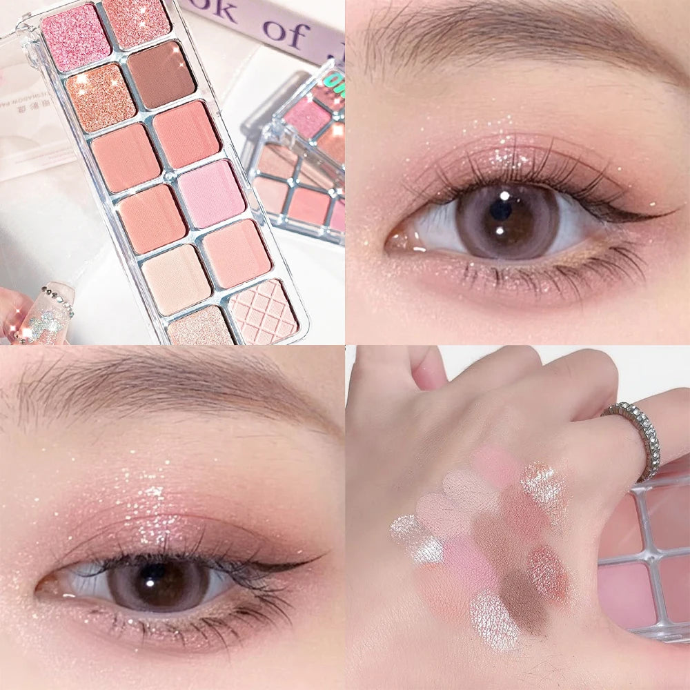 12-Color Pink Eyeshadow Palette – Matte & Shimmer Shades for Day & Night