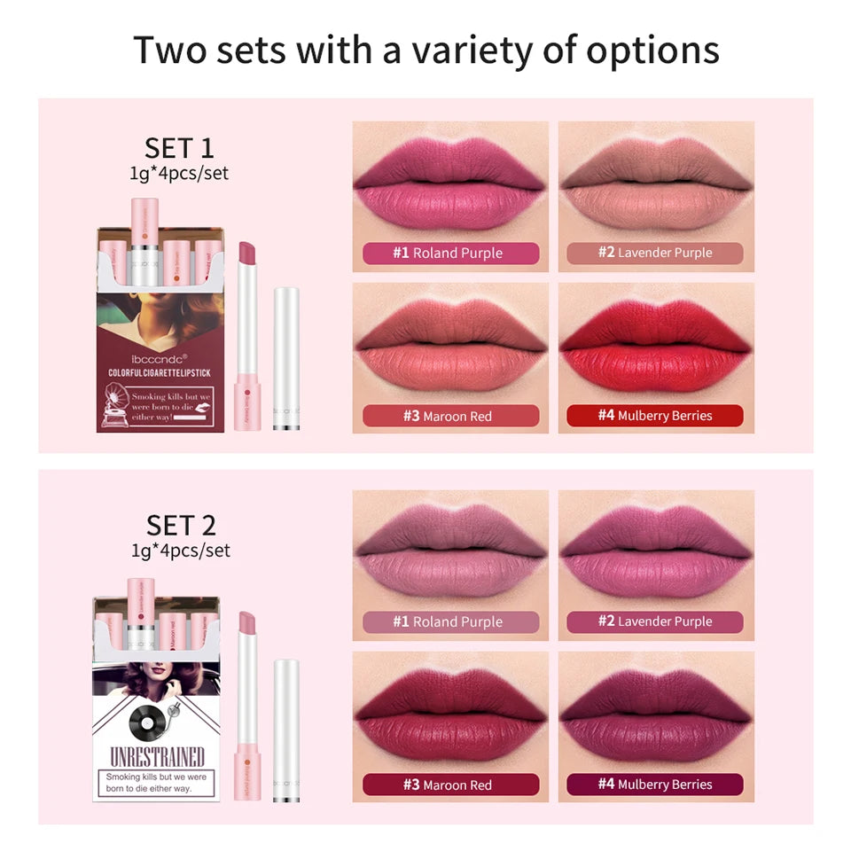 4pcs Cigarette Lipstick Set – Matte Lip Glaze, Waterproof & Long-Lasting Tint