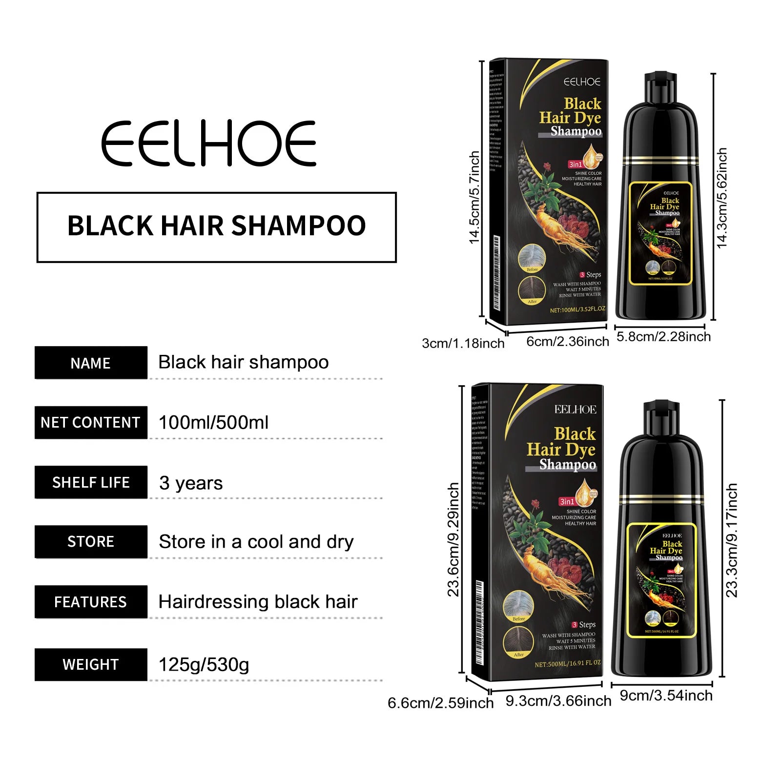 EELHOE 3-in-1 Black Hair Dye Shampoo