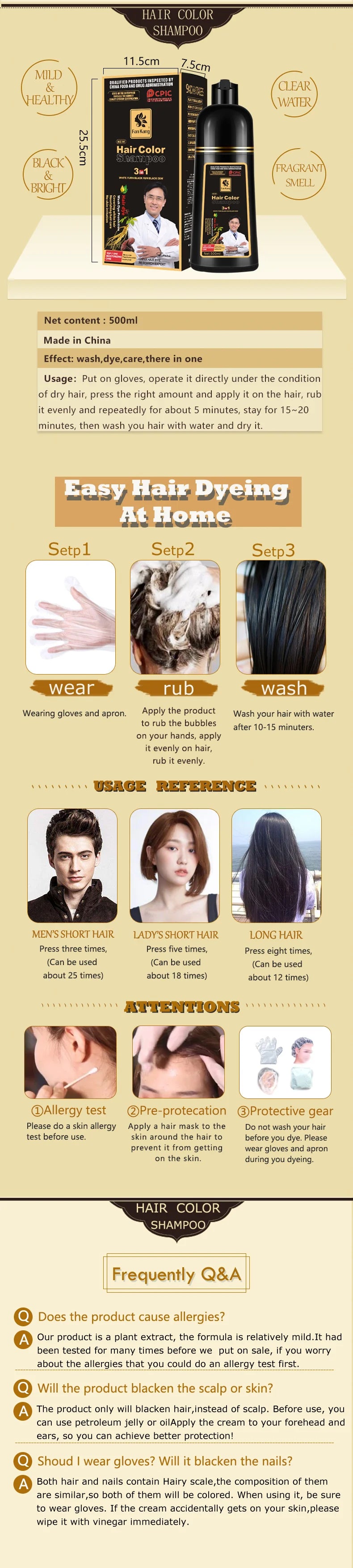 500ml Permanent Hair Dye Shampoo – Natural Plant Essence