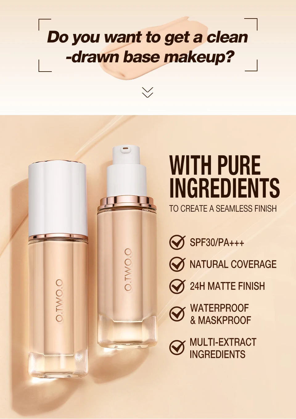 O.TWO.O Liquid Foundation Cream – SPF30, 30ml