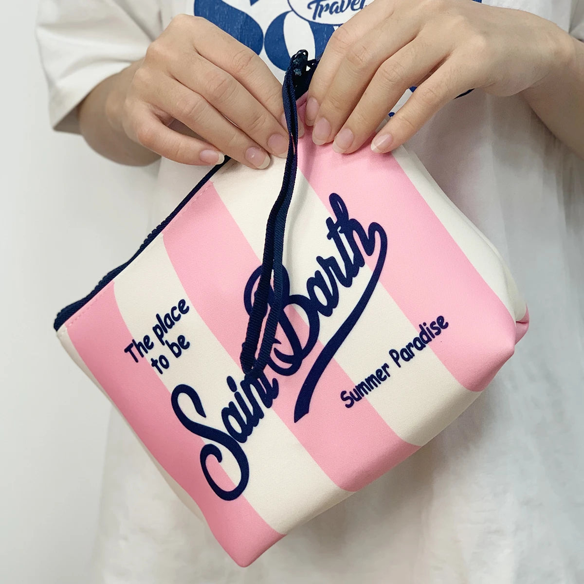 Large Capacity Neoprene Makeup Bag – Striped Travel Toiletry Organizer